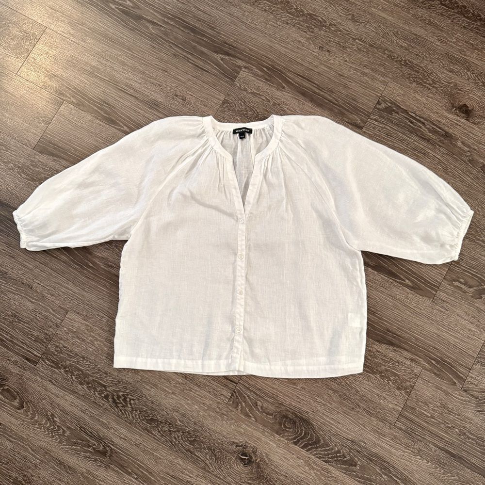 Repeat Buttoned Linen Puff Sleeve Blouse